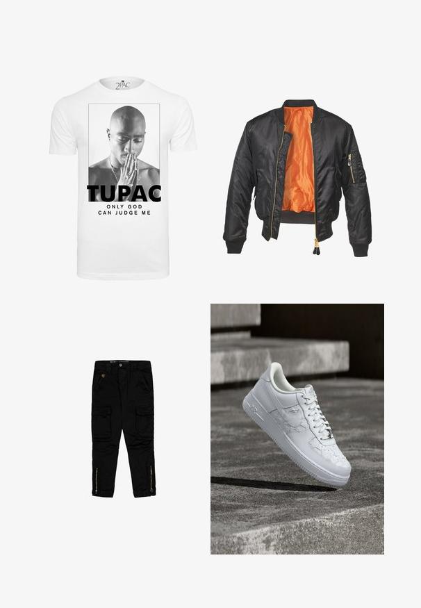 Veste bomber noire avec un extérieur brillant, doublure orange, poignets côtelés et une poche zippée sur la manche gauche. Accents de fermeture éclair dorés.; T-shirt en coton blanc présentant un graphisme noir et blanc d'un homme joignant les mains en prière, avec le texte "TUPAC" et "SEUL DIEU PEUT ME JUGER."; Pantalons cargo noirs en coton, dotés de poches latérales, de zippers aux chevilles et d'une coupe classique.; Baskets blanches Nike Air Force 1 avec des motifs d'étoiles embossés et un pendentif métallique en forme d'étoile sur les lacets, flottant au-dessus d'une surface en béton.