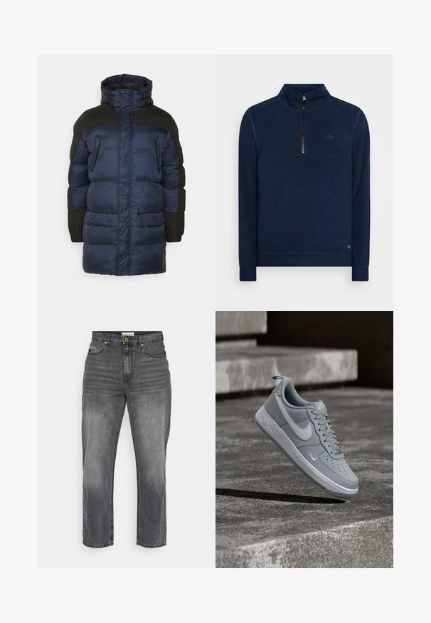 Marineblauer Daunenmantel mit schwarzen Akzenten, hochgeschlossen, zwei Fronttaschen und Reißverschluss. Strukturierte Stoffoberfläche.; Navy Fleece-Pullover mit halb zu öffnendem Kragen, gerippten Bündchen und einem dezenten Logodetail auf der Brust. Weiche Textur und klassisches Design.; Graue Denim-Jeans mit gerader Passform, ausgestattet mit einem ausgewaschenen Finish, Fronttaschen und einem Knopfverschluss. Einfache Nähte und Saumdetails.; Grauer Nike Air Force 1 Sneaker mit weißem Swoosh-Logo, schwebt über einer strukturierten Betonoberfläche mit Treppen im Hintergrund.