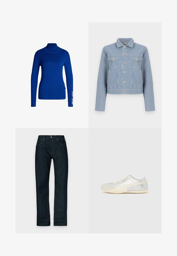 Veste en jean rayée verticalement bleu et blanc avec fermeture à boutons, deux poches poitrine à rabat avec boutons, et un col standard.; Pull col roulé bleu en tissu doux et extensible. Il a des manches longues et le texte "JOOP! JEANS" imprimé en blanc sur la manche droite.; Jean denim bleu foncé à coupe droite avec bouton avant et poches, présenté sur un fond blanc.; Baskets basses argentées et blanc cassé avec semelle texturée, fermeture à lacets et motif à rayures latérales sur fond gris clair.