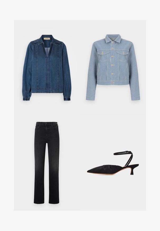 Veste en jean rayée verticalement bleu et blanc avec fermeture à boutons, deux poches poitrine à rabat avec boutons, et un col standard.; Veste en denim bleu foncé, avec un col en V, des manches froncées et des détails de couture texturés. Conçue avec une coupe décontractée et des épaules structurées.; Jeans droits noirs en denim. Dotés d'un design classique à cinq poches, avec une fermeture éclair et un bouton. Texture lisse.; Chaussure noire à talon bas et bout pointu avec dessus froncé et fine bride de cheville à boucle, vue de profil sur fond blanc.