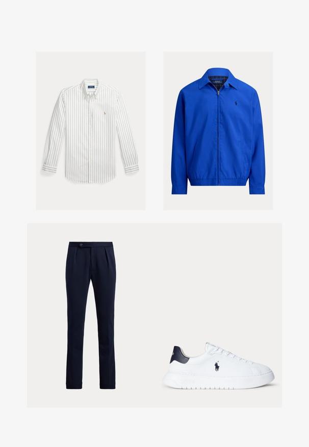 Blauwe jas met rits van gladde stof, met een puntkraag, rekbare manchetten, twee zijzakken en een klein logodetail op de borst.; Wit overhemd met lange mouwen met dunne verticale blauwe strepen en een klein geborduurd logo op de linkerborst.; Marineblauwe op maat gemaakte broek met een knoopsluiting in de taille en voorplooien, afgebeeld tegen een effen lichte achtergrond.; Witte lage sneaker met een zwart hielstuk en een zwart Polo Ralph Lauren-logo aan de zijkant, met witte veters en een dikke zool.