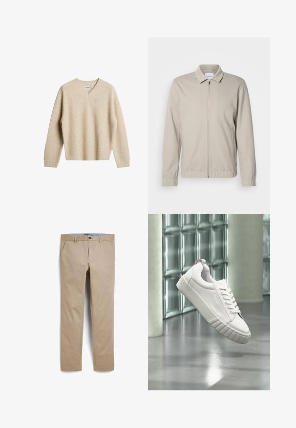 Lichtbeige zip-up jack met een kraaghals, elatische manchetten en zijzakken. Gemaakt van een zachte, gladde stof.; Beige, geribbelde trui met V-hals en lange mouwen. Heeft een ontspannen pasvorm en een gestructureerde stof voor extra warmte en comfort.; Next SLIM FIT - Chino - sand; Witte lage sneaker met gestructureerde zool en veters, hangend voor een muur van glazen blokken en lichtgekleurde zuilen op een gepolijste vloer.