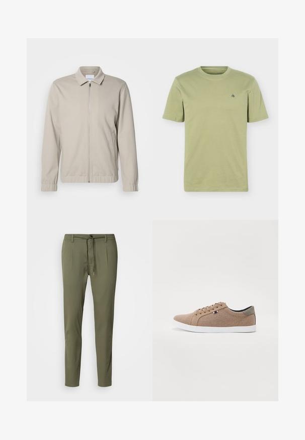 Chaqueta cremoso claro con cremallera, cuello tipo solapa, puños elásticos y bolsillos laterales. Fabricada en un tejido suave y liso.; Camiseta de color verde oliva claro, de manga corta y cuello redondo, con un pequeño logo oscuro en el pecho izquierdo, mostrada sobre un fondo liso.; Pantalones verde oliva de tejido ligero, con cintura ajustable, dos pliegues frontales y un corte ajustado. Textura suave.; Zapatillas de lona beige con un diseño de caña baja, suela de goma blanca y cordones redondos. Presenta un acento en el talón gris contrastante y un detalle del logo.