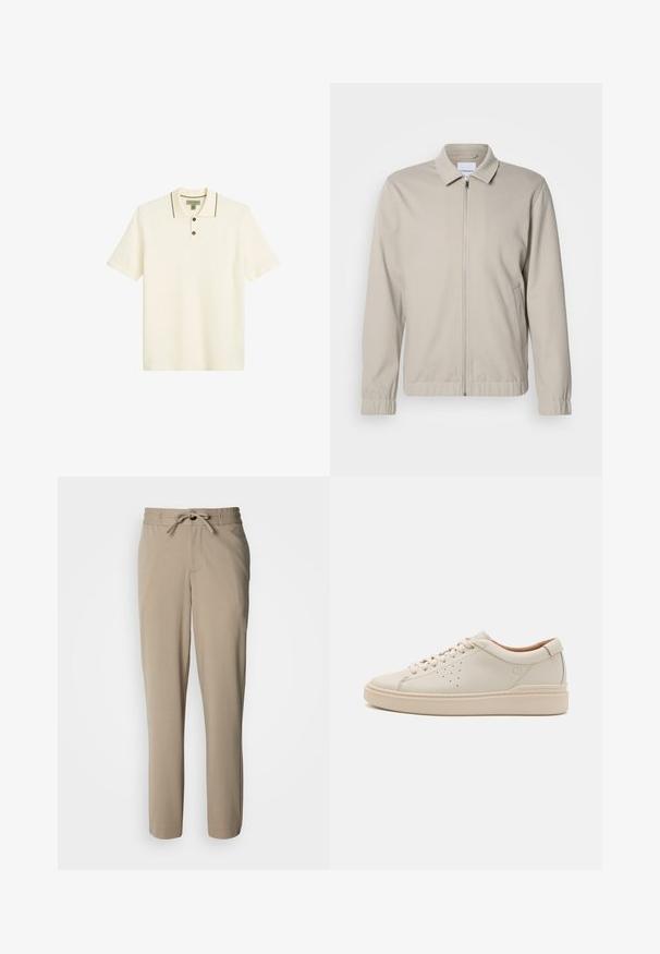 Hellbeige Kapuzenjacke mit Reißverschluss, Kragen, elastischen Bündchen und seitlichen Taschen. Hergestellt aus einem weichen, glatten Stoff.; Helles cremefarbenes Polo-Shirt mit einer Drei-Knopf-Leiste, kontrastierenden dunklen Kanten am Kragen und kurzen Ärmeln. Strukturiertes Stoff-Finish.; Beige Hose aus weichem Stoff, mit einem Tunnelzug an der Taille und einem lockeren Schnitt, geraden Beinen und ohne sichtbare Taschen.; Beige Leder Sneaker mit runder Zehenpartie, flachen Schnürsenkeln, gestanzten Seitendetails und einer dicken, strukturierten Gummisohle. Natürliche Lederfütterung.