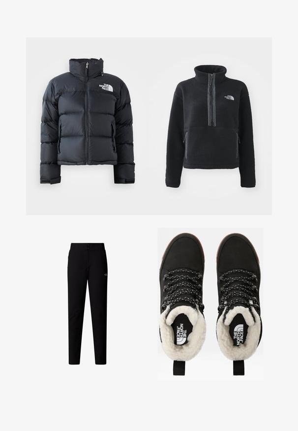 Sort pufferjakke lavet af skinnende, vandafvisende materiale. Har en høj krave, frontlynlås og logo på venstre bryst. Kort design.; Sort fleecepullover med høj krave, kvartlynlås, frontlomme og kontrastsyninger. Har The North Face-logo på brystet.; The North Face W QUEST SOFTSHELL PANTS - Bukser - tnf black; Sorte vandtætte ankelstøvler med for af faux pels, tekstureret stof, snørebånd med hvidt og sort mønster samt en løkker ved hælen.