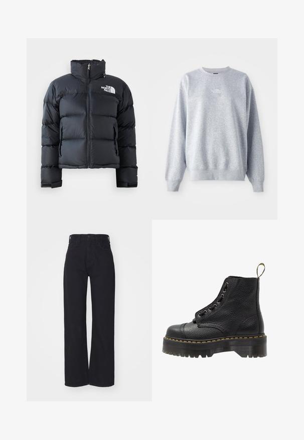Doudoune noire en matériau brillant et résistant à l'eau. Elle présente un col haut, une fermeture éclair sur le devant et un logo sur la poitrine gauche. Design court.; Sweat-shirt gris à manches longues, col rond, avec des poignets et un ourlet côtelés. Présente un petit logo blanc sur la poitrine. Matière en mélange de coton.; Jeans noirs taille haute à jambes larges avec fermeture à bouton et zip à l'avant, passants de ceinture et deux poches avant sur fond blanc.; Bottines en cuir noir avec surface texturée, bout arrondi, lacets, coutures jaunes et une épaisse semelle noire crantée.