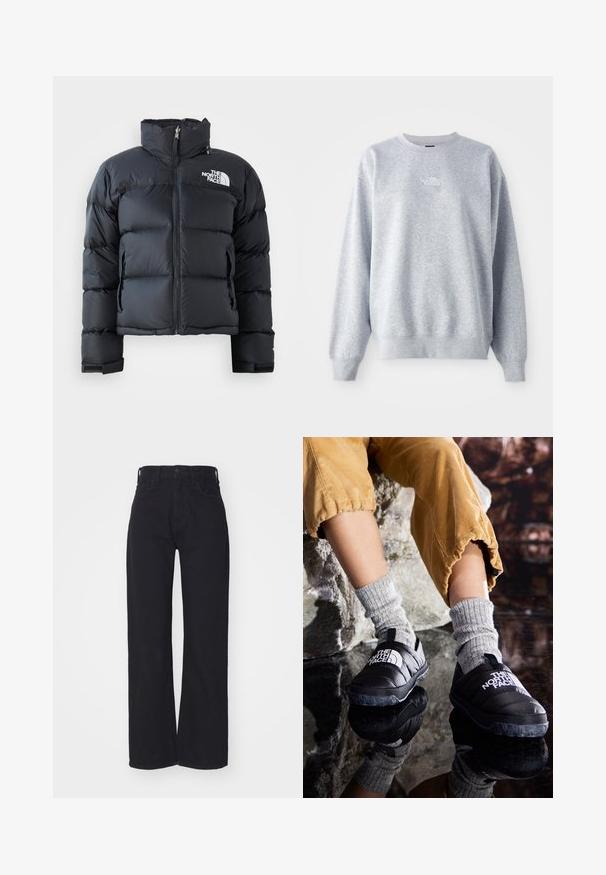 Schwarze Steppjacke aus glänzendem, wasserabweisendem Material. Verfügt über einen hohen Kragen, einen Frontreißverschluss und ein Logo auf der linken Brust. Kurzes Design.; Grauer Sweatshirt mit langen Ärmeln, rundem Halsausschnitt, gerippten Bündchen und Saum. Verfügt über ein kleines weißes Logo auf der Brust. Material aus Baumwollmischung.; Schwarze hochgeschnittene weite Jeans mit Knopf- und Reißverschluss vorne, Gürtelschlaufen und zwei Vordertaschen auf weißem Hintergrund.; Schwarze isolierte Schlupfschuhe mit strukturierten Sohlen und weißem Logo, getragen mit grauen Strümpfen aus Strick, kombiniert mit ribbeligen, senffarbenen Hosen.