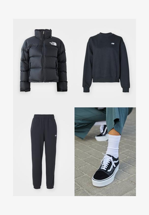 Mustmust jakk musta, läikiva ja veekindla materjaliga. Omab kõrget kaelust, ees nulla paela ja logo vasakul rinnal. Lühike disain.; Tumehall hallide käeaukudega dress, mis on valmistatud puuvillasegistusega kangast. Omab ribatrepid kaelas ja mansetides, ning rinna peal on väike valge logo.; Mustad mustad püksid elastse vöökohaga, kaks küljetaskut ja väike valge logo vasakul puusal. Valmistatud pehmest kangast, millel on sile tekstuur.; Mustjad sametist tennisjalanõud valgete aktsentide ja nööridega, millel on paks valge tald ja kontrastsed õmblused, koos valge sokiga.