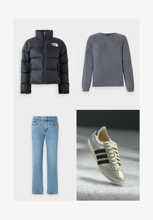 Sort pufferjakke lavet af skinnende, vandafvisende materiale. Har en høj krave, frontlynlås og logo på venstre bryst. Kort design.; Pieces PCBREE O NECK - Striktrøje - dark grey melange; Lysblå denimjeans med lige pasform, fem lommer, knap- og lynlåslukning samt subtil fading. Klassisk, enkelt design.; Lys grå lædersneaker med sorte striber, perforerede detaljer, beige snørebånd og et guld logo-patch. Tekstureret gummisål.