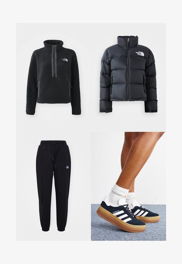 Čierna puffa bunda vyrobená z lesklého, vodoodolného materiálu. Má vysoký golier, predný zips a logo na ľavej hrudi. Krátky dizajn.; Čierny flísový pulóver s vysokým golierom, štvrťzipsom, predným vreckom a kontrastným prešívaním. Na hrudi je logo The North Face.; Čierne športové nohavice s elastickým pásom a manžetami, sťahovacou šnúrkou, postrannými vreckami a malým bielym logom The North Face na pravej stehne.; Nohy v bielych ponožkách a čiernych teniskách Adidas Gazelle s bielymi pruhmi a hrubými hnedými podrážkami na sivom koberci.