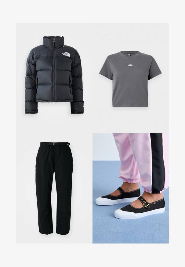 Abrigo acolchado negro hecho de material brillante y resistente al agua. Cuenta con un cuello alto, cremallera frontal y logo en el lado izquierdo del pecho. Diseño corto.; Camiseta gris corta de manga corta con cuello redondo y pequeño logo blanco de The North Face centrado en el pecho.; Pantalones ligeros negros con cinturilla elástica y cinturón ajustable. Cuentan con piernas estrechas y paneles de rodilla reforzados para mayor durabilidad.; Zapatillas de lona negras con suela blanca, con un diseño recortado y una correa con hebilla dorada. Combinadas con pantalones de chándal rosas.