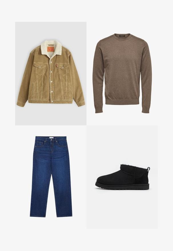 Brun kordfløjlsjakke med en cremefarvet kunstpelskrave. Har to brystlommer, knaplukning og lodrette syninger.; Brun langærmet rundhalset sweater med ribmanchetter og kant, lavet af fint strikket stof, mærke Selected Homme.; Mørkeblå denimjeans med lige ben-design, der har en knap- og lynlåslukning, fem lommer og synlige syninger.; Sorte ruskind ankelstøvler med en blød, tekstureret foring, lavprofilgummi sål og en løkke bagpå for nem påtagning.