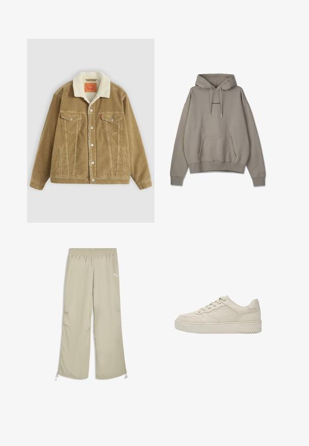 Veste en velours côtelé brun avec un col en fausse fourrure crème. Dotée de deux poches poitrine, d'une fermeture à boutons et de détails de coutures verticales.; Sweat à capuche en mélange de coton gris clair, dotée d'une poche avant, de poignets et d'un ourlet côtelés, avec le logo "PEGADOR" sur la poitrine.; Pantalon de survêtement Puma avec taille élastique beige clair, poches latérales et cordons réglables aux poignets de la cheville.; Baskets basses beiges à lacets, avec un design de panneaux cousus et une semelle épaisse plate, vues de profil sur fond blanc.