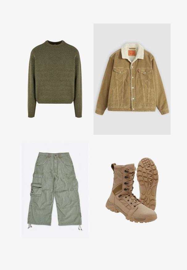 Brun kordfløjlsjakke med en cremefarvet kunstpelskrave. Har to brystlommer, knaplukning og lodrette syninger.; Grøn uldblandings sweater med rund hals, ribbede manchetter og kant, samt en blød, struktureret finish. Klassisk, afslappet pasform med sænkede skuldre.; Lysegrønne cargoshorts med flere klaplommer, bæltestropper, knaplukning og justerbare snore ved benåbningerne.; Brun taktisk støvle med snørelukning i ankellængde og robust gummisål, en støvle står oprejst og den anden viser slidbanemønster.