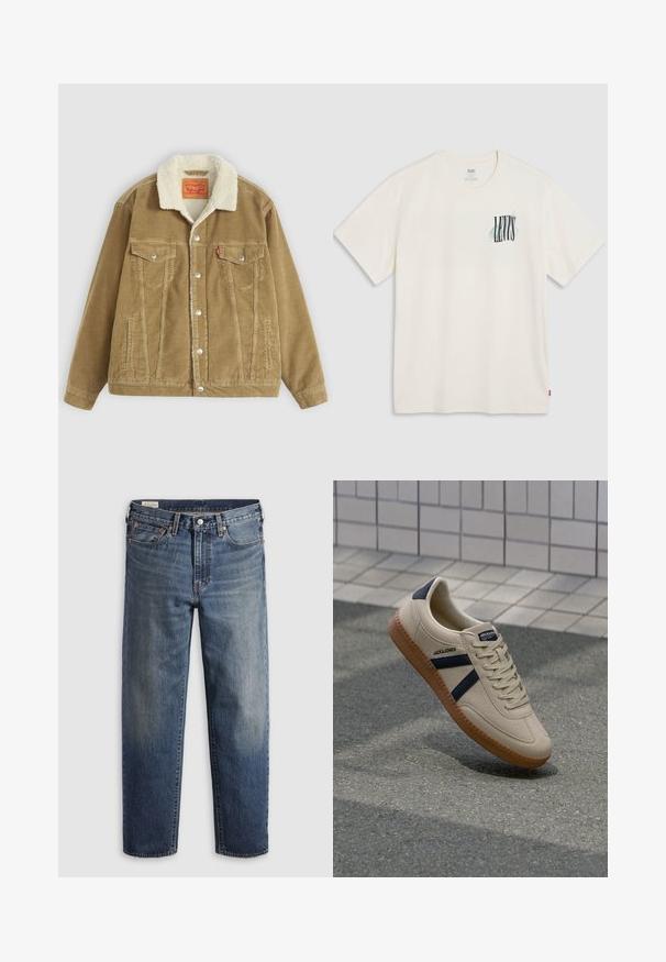 Braune Kordjacke mit einem cremefarbenen Kunstfellkragen. Verfügt über zwei Brusttaschen, einen Knopfverschluss und vertikale Nähdetails.; Weißes Levi's T-Shirt mit kurzen Ärmeln und Rundhalsausschnitt mit kleinem schwarzem und hellblauem Levi's-Logo auf der linken Brust und rotem Etikett an der Seitennaht.; Dunkelblaue Jeans aus Denim mit lockerem Sitz, geraden Beinen, Fünf-Taschen-Design und dezentem Used-Look an den Oberschenkeln. Silberner Knopf und Nieten.; Beige Sneaker mit strukturierter Oberfläche, dunkelblauen Streifen und Gummisohle. Verfügt über eine gepolsterte Zunge und ein traditionelles Schnürsystem für einen sicheren Sitz.