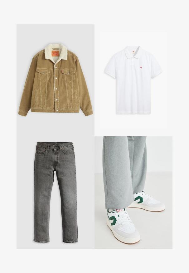 Braune Kordjacke mit einem cremefarbenen Kunstfellkragen. Verfügt über zwei Brusttaschen, einen Knopfverschluss und vertikale Nähdetails.; Weißes Poloshirt aus Baumwolle. Verfügt über eine Knopfleiste mit drei Knöpfen, kurze Ärmel und ein kleines rotes Levi's-Logo auf der linken Brust.; Graue Jeans aus Denim mit geradem Bein, ausgestattet mit fünf Taschen, kupfernen Nieten und sichtbaren Nähten. Klassisches Design mit Reißverschluss.; Weiße und grüne Sneakers aus glattem Leder und Wildleder, mit einem auffälligen grünen Logo-Akzent und weißen Schnürsenkeln. Graue Hosen sind teilweise sichtbar.