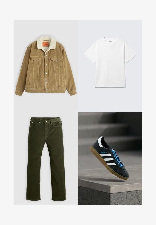 Braune Kordjacke mit einem cremefarbenen Kunstfellkragen. Verfügt über zwei Brusttaschen, einen Knopfverschluss und vertikale Nähdetails.; Weißes T-Shirt mit kurzen Ärmeln und Rundhalsausschnitt, flach liegend, schlichtes Design, mit „WEEKDAY“-Etikett innen im Kragen auf hellem Hintergrund.; Olivgrüne Kordhosen mit geradem Schnitt, vorderem Knopf, Reißverschluss, Gürtelschlaufen und fünf Taschen auf einem weißen Hintergrund.; Schwarzer Adidas-Sneaker mit weißen Streifen, blauen Schnürsenkeln und Gummisohle, der über einer grauen Betontreppe im weichen Licht schwebt.
