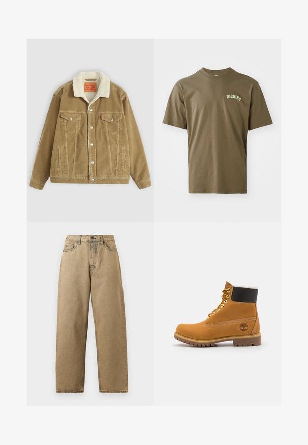 Bruine corduroy-jack met een crèmekleurige faux shearling kraag. Voorzien van twee borstzakken, knoopsluiting en verticale stikdetails.; Olijfgroen katoen t-shirt met korte mouwen, ronde hals en een klein wit "Dickies" logo gedrukt op de linkerborst. Soepele textuur.; Tan denim jeans met een rechte pijpontwerp, voorzien van een rits, riemlussen en contrasterende stiksels. Geen opvallende patronen of hardwaredetails.; Bruine leren enkellaars met metalen oogjes, witte faux bont voering, zwarte gewatteerde kraag, robuuste zool en een reliëflogo aan de zijkant.