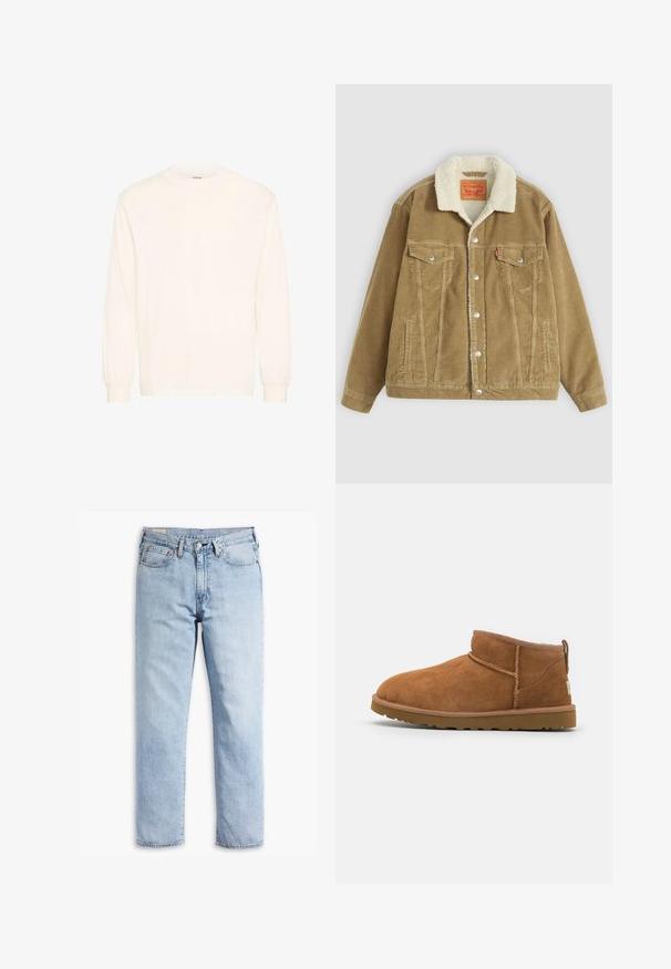 Brun kordfløjlsjakke med en cremefarvet kunstpelskrave. Har to brystlommer, knaplukning og lodrette syninger.; Langærmet skjorte i off-white bomuld med rund hals og elastiske manchetter, der har et minimalistisk design og blød tekstur.; Lyseblå denimjeans med lige ben, fem-lommerstil og robust syning. Har lynlås og metalknap.; Sandal mellemhøje støvler i tan ruskind med en rund tå, subtile syninger og en tekstureret gummisål. Kort højde uden snørebånd.