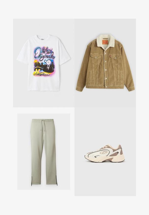 Brun kordfløjlsjakke med en cremefarvet kunstpelskrave. Har to brystlommer, knaplukning og lodrette syninger.; Hvid bomulds T-shirt med grafisk motiv på forsiden, der viser farverige tekster, en tegneseriefigur i jakkesæt, en bro og en by-skyline.; Lysegrå joggingbukser med elastisk talje, snøre og sorte lynlåse ved ankelmanchetterne, lagt fladt på en hvid baggrund.; Sportsneakers med en creme- og brun farveskema, lavet af mesh og syntetiske materialer, med rundet snude og fremtrædende logo på siden.