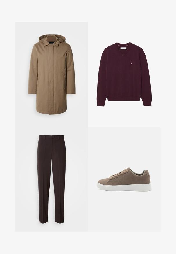 Lang hætteklædt frakke i en afdæmpet brun farve. Fremstillet af glat stof med sidelommer og et lige snit. Minimalistisk stil, ingen synlige mønstre.; Bourgogne v-hals sweater lavet af blødt strikmateriale, med lange ærmer og et diskret lyserødt broderet logo på brystet.; Sorte skræddersyede bukser med lige ben, der har en glat tekstur og en linning med en enkelt knaplukning.; Brune ruskinds sneakers med flade hvide gummisåler, snørelukning, rund tå og en glat overflade. Minimalistisk stil med diskrete syninger.