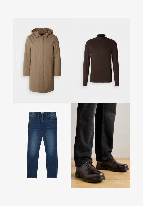 Lange, gewatteerde jas in een gedempte bruine kleur. Gemaakt van gladde stof met zijzakken en een recht gesneden ontwerp. Minimalistische stijl, zonder zichtbare patronen.; Bruine coltrui van zacht materiaal, met lange mouwen en een ribgebreide kraag. Glad oppervlak met een aansluitend ontwerp.; Donkerblauwe slim-fit jeans met vervaagde details, klassiek vijf-pocket ontwerp, knoopsluiting en riemlussen.; Bruine leren schoenen met een ronde neus, vetersluiting en robuuste zwarte rubberen zool, gecombineerd met donkere spijkerbroek.