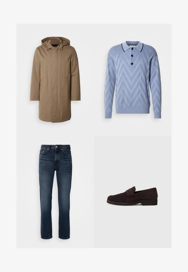 Langer Kapuzenmantel in einem gedämpften Braunton. Hergestellt aus glattem Stoff mit seitlichen Taschen und einem geraden Schnitt. Minimalistischer Stil, keine sichtbaren Muster.; Himmelblaues gestricktes Polohemd mit einem Zickzackmuster, drei schwarzen Knöpfen und einem kontrastierenden dunkelblauen Kragen. Lange Ärmel und gerippte Bündchen.; Dunkelblaue Jeans aus Denim mit geradem Bein, ausgestattet mit fünf Taschen, einem Knopf- und Reißverschluss sowie dezenten Ausbleichungen.; Braune Wildleder-Slipper mit niedrigem Profil und runder Zehenform. Verfügt über einen dekorativen Riemen über dem Obermaterial, eine flache Gummisohle und keine sichtbaren Nähte.