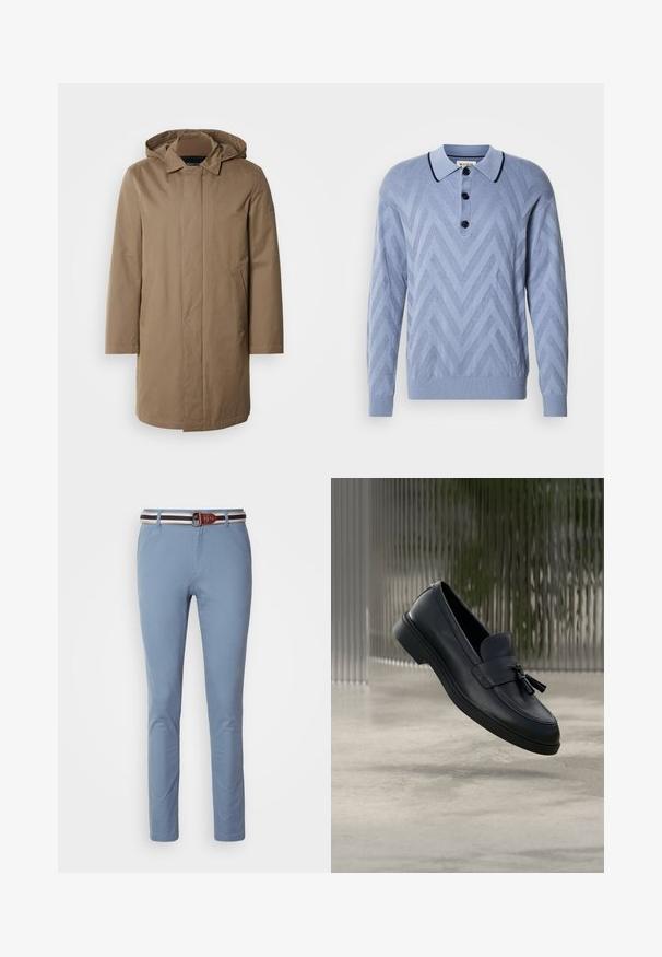 Lange, gewatteerde jas in een gedempte bruine kleur. Gemaakt van gladde stof met zijzakken en een recht gesneden ontwerp. Minimalistische stijl, zonder zichtbare patronen.; Lichtblauwe gebreide polo met een chevronpatroon, drie zwarte knopen en een contrasterende marineblauwe kraag. Lange mouwen en geribde manchetten.; Lichtblauwe broek met een slim fit, voorzien van een bruine leren riem met witte en marineblauwe gestreepte accenten. Glad stofoppervlak, klassiek ontwerp.; Zwarte leren loafers met een gladde textuur, een afgeronde neus en decoratieve kwastjes aan de voorkant. Flexibele rubberen zool met lage hak.