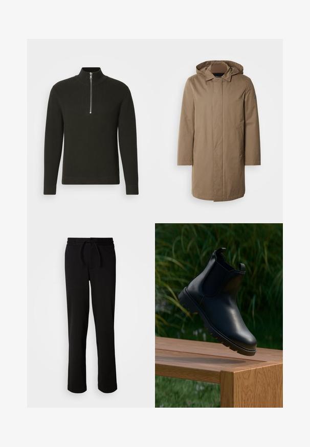 Lange, gewatteerde jas in een gedempte bruine kleur. Gemaakt van gladde stof met zijzakken en een recht gesneden ontwerp. Minimalistische stijl, zonder zichtbare patronen.; Zwarte geribbelde trui met hoge kraag en een korte ritssluiting, voorzien van lange mouwen en een slim fit ontwerp.; Zwarte joggingbroek met een elastische tailleband en trekkoord, gemaakt van zachte, rekbare stof. Heeft een relaxte pasvorm met rechte pijpen en geen zichtbare zakken.; Zwarte leren Chelsea-boot met een ronde neus, elastische zijpanelen, trekstrips en een getextureerde rubberen zool, geplaatst op een houten oppervlak.