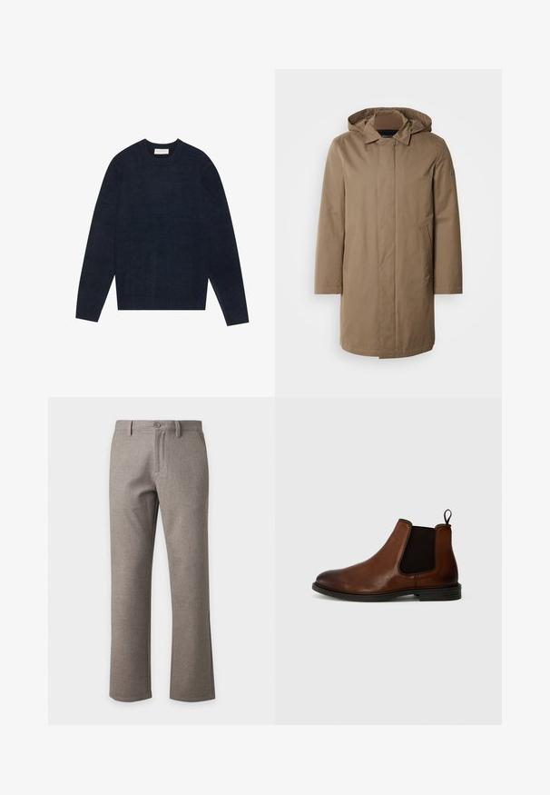 Manteau long à capuche de couleur marron douce. Fabriqué en tissu lisse avec des poches latérales et une coupe droite. Style minimaliste, sans motifs visibles.; Pull bleu marine à col rond en tissu doux, avec des poignets et un ourlet côtelés, et une texture lisse avec un minimum de détails.; Pantalon beige coupe droite pour homme avec fermeture par bouton et zip, passants de ceinture et poches avant, présenté sur un fond blanc uni.; Bottine Chelsea en cuir marron avec des panneaux élastiques sur les côtés, bout rond et une languette. Semelle en caoutchouc noir avec un léger talon. Texture lisse.