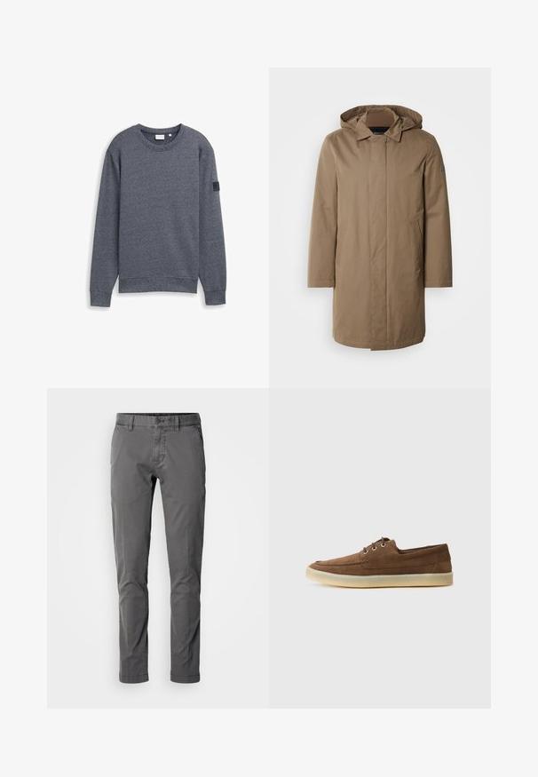 Langer Kapuzenmantel in einem gedämpften Braunton. Hergestellt aus glattem Stoff mit seitlichen Taschen und einem geraden Schnitt. Minimalistischer Stil, keine sichtbaren Muster.; Grauer Langarm-Sweatshirt aus strukturiertem Stoff mit Rundhalsausschnitt und gerippten Bündchen. Verfügt über ein minimalistisches Design ohne Verzierungen.; Schmal geschnittene graue Baumwollhose mit Knopfverschluss, Seitentaschen und glatter Textur. Bietet ein klassisches Design und eine taillierte Silhouette.; Braune Wildlederschuhe mit niedriger Profilhöhe, Schnürdesign, Gummisohle und kontrastierenden Nähdetails. Schlichtes und funktionales Design.