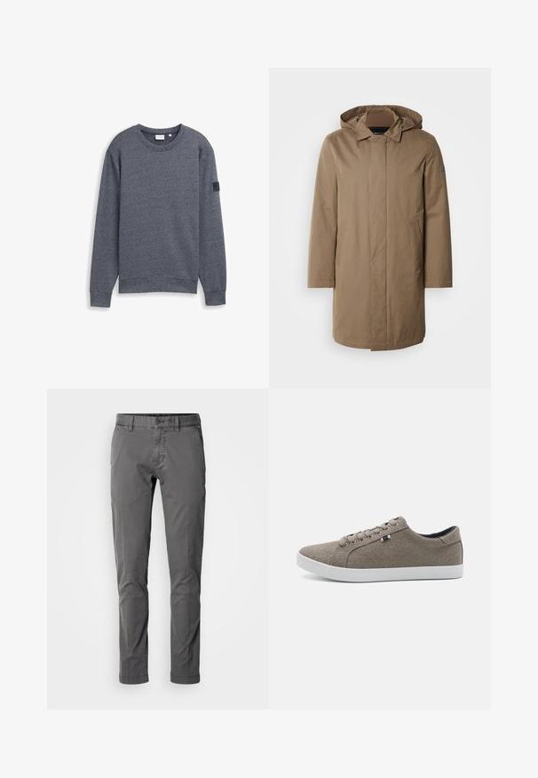 Langer Kapuzenmantel in einem gedämpften Braunton. Hergestellt aus glattem Stoff mit seitlichen Taschen und einem geraden Schnitt. Minimalistischer Stil, keine sichtbaren Muster.; Grauer Langarm-Sweatshirt aus strukturiertem Stoff mit Rundhalsausschnitt und gerippten Bündchen. Verfügt über ein minimalistisches Design ohne Verzierungen.; Schmal geschnittene graue Baumwollhose mit Knopfverschluss, Seitentaschen und glatter Textur. Bietet ein klassisches Design und eine taillierte Silhouette.; Braune Canvas-Sneaker mit runder Zehenpartie, weißer Gummisohle und fünf Ösen. Mit einem kleinen dreifarbigen Akzent an der Seite.