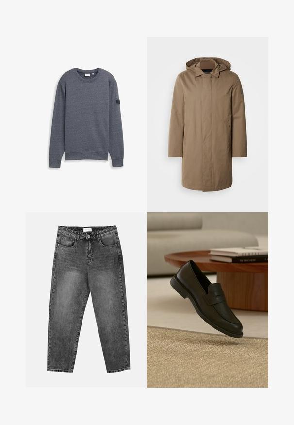 Lang hætteklædt frakke i en afdæmpet brun farve. Fremstillet af glat stof med sidelommer og et lige snit. Minimalistisk stil, ingen synlige mønstre.; Grå langærmet sweatshirt lavet af tekstureret stof med rund hals og ribbede manchetter. Har et minimalistisk design uden udsmykninger.; Sorte vasket straight-leg jeans med for- og baglommer, bæltestropper og knaplukning i taljen.; Sort læderloafer vist i luften over en beige vævet tæppe, med et træbord og stablede bøger i et blødt oplyst stue.