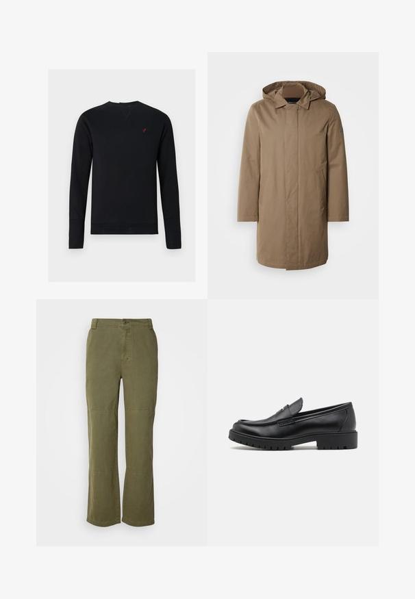 Manteau long à capuche de couleur marron douce. Fabriqué en tissu lisse avec des poches latérales et une coupe droite. Style minimaliste, sans motifs visibles.; Sweatshirt noir en coton avec manches longues, col rond, poignets côtelés et un petit logo d'oiseau rouge sur la poitrine.; Pantalon en coton vert olive avec une coupe droite, fermeture à bouton visible et coutures au niveau des genoux pour plus de détails et de structure.; Mocassins en cuir noir avec un bout arrondi, un design à enfiler et une semelle en caoutchouc épaisse avec une texture antidérapante. Talon surélevé et détails de surpiqûre subtils.