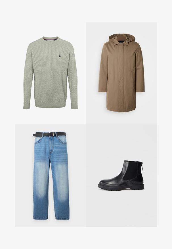 Dlhý plášť s kapucňou v tlmenej hnedej farbe. Vyrobený z hladkej látky s bočnými vreckami a dizajnom s rovým strihom. Minimalistický štýl, bez viditeľných vzorov.; Svetlo šedý pletený sveter s káblovým vzorom, okrúhlym výstrihom a rebrovanými manžetami. Vyšívané logo na ľavej hrudi.; Svetlomodré denimové džínsy s rovným strihom, vybavené čiernym pásom, vybledlými miestami a jemnou diagonálnou textúrou v hornej časti.; Čierne kožené členkové topánky s hladkým povrchom, elastickými sieťovými bočnými panelmi a robustnou podrážkou s viditeľným vzorom zvršku.