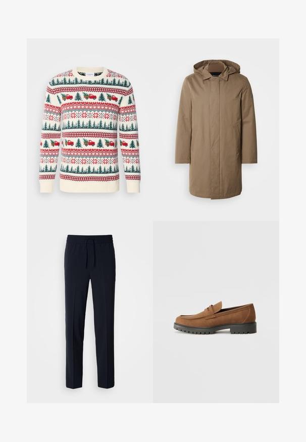 Langer Kapuzenmantel in einem gedämpften Braunton. Hergestellt aus glattem Stoff mit seitlichen Taschen und einem geraden Schnitt. Minimalistischer Stil, keine sichtbaren Muster.; Strickpullover mit einer cremefarbenen Basis, roten und grünen Mustern von Bäumen, Lastwagen und Schneeflocken, mit gerippten Bündchen und Saum.; Marineblaue, leichte Hose mit einem elastischen Bund und verstellbarem Kordelzug, ausgestattet mit einem geraden Schnitt und glatter Textur.; Braune Wildlederslipper mit runder Zehenpartie und einer niedrigen schwarzen Gummisohle, die über einen dekorativen Riemen und Nähte auf dem Obermaterial verfügt.