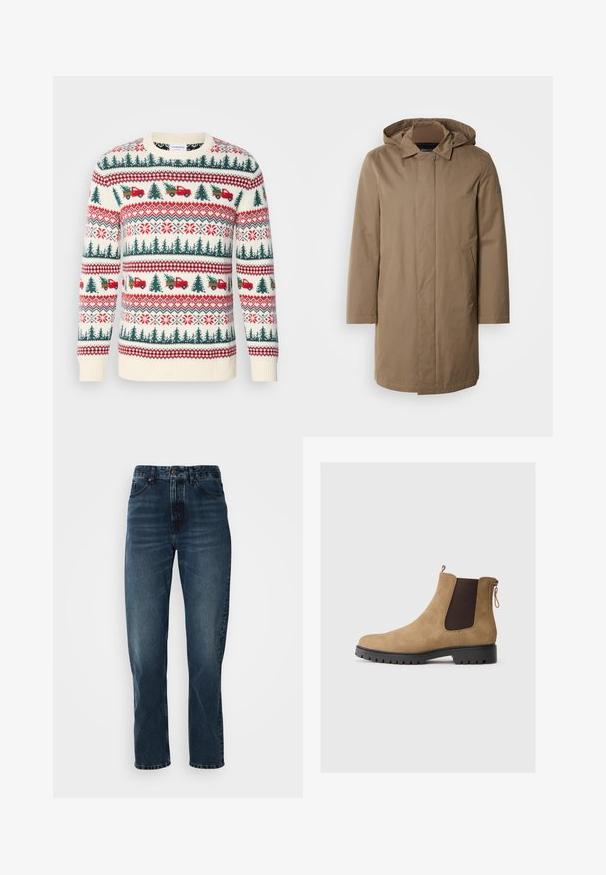 Manteau long à capuche de couleur marron douce. Fabriqué en tissu lisse avec des poches latérales et une coupe droite. Style minimaliste, sans motifs visibles.; Pull en tricot avec une base crème, motifs rouges et verts d'arbres, de camions et de flocons de neige, avec des poignets et un ourlet côtelés.; Jeans droits bleu foncé avec fermeture à bouton et zip à l'avant, design à cinq poches, et subtile décoloration sur les cuisses et les genoux.; Bottine chelsea en daim beige avec un bout rond, des panneaux latéraux élastiques, une languette à l'arrière et une semelle en caoutchouc texturée pour une meilleure adhérence.