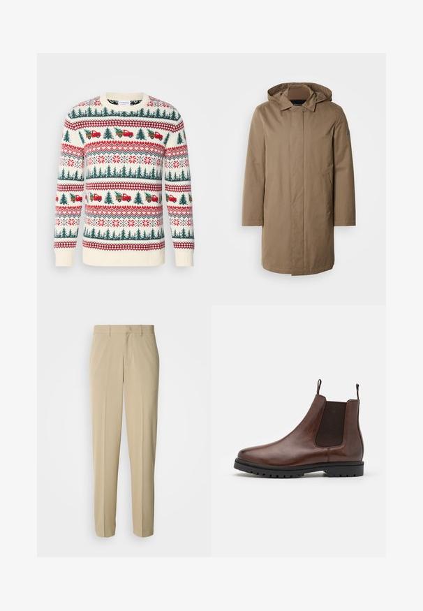 Lang hætteklædt frakke i en afdæmpet brun farve. Fremstillet af glat stof med sidelommer og et lige snit. Minimalistisk stil, ingen synlige mønstre.; Strikket sweater med en cremet base, røde og grønne mønstre af træer, lastbiler og snefnug, med ribkanter ved ærmerne og kanten.; Beige bukser med lige ben, lavet af et glat materiale, med en flad front og uden synlige lommer eller pynt.; Brune læder Chelsea-støvle med elastiske sidepaneler, rund tå og tekstureret gummisål, der har trækstropper for nem påtagning.