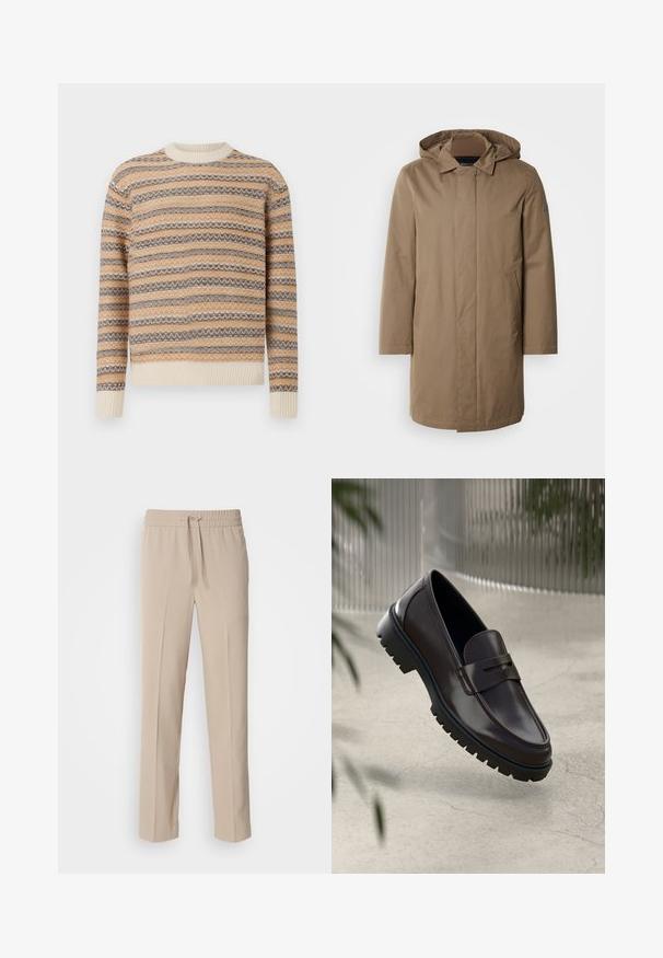 Langer Kapuzenmantel in einem gedämpften Braunton. Hergestellt aus glattem Stoff mit seitlichen Taschen und einem geraden Schnitt. Minimalistischer Stil, keine sichtbaren Muster.; Gestrickter Pullover in Beige, Braun und Creme mit Zickzackstreifenmuster. Verfügt über einen Rundhalsausschnitt sowie gerippte Bündchen und Saum.; Beige, locker sitzende Hosen aus weichem Stoff, mit einem elastischen Bund und Kordelzug sowie geraden Beinen mit minimalen Akzenten.; Braune Leder-Loafers mit einer strukturierten, geriffelten Gummisohle. Sie zeichnen sich durch ein schlankes Design und einen dekorativen Riemen über dem Spann aus.