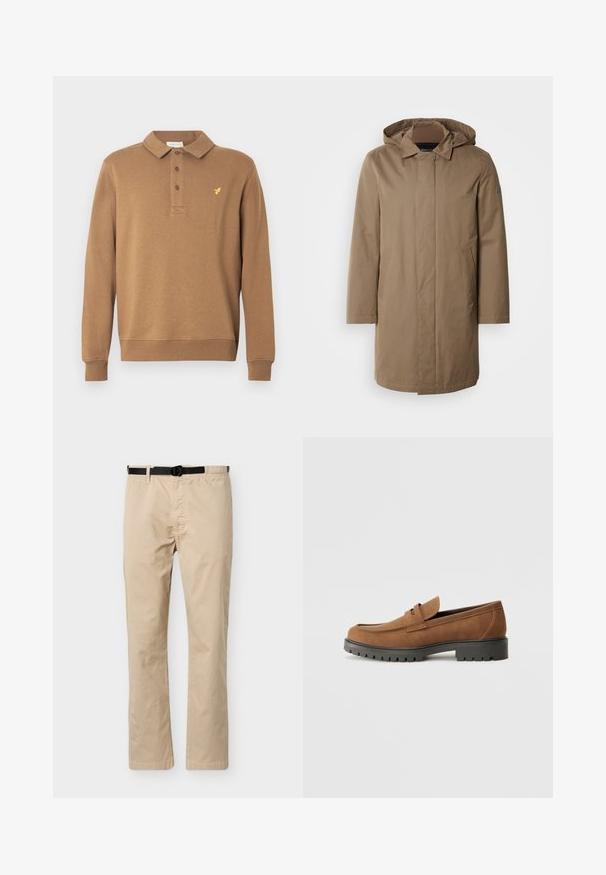 Manteau long à capuche de couleur marron douce. Fabriqué en tissu lisse avec des poches latérales et une coupe droite. Style minimaliste, sans motifs visibles.; Polo à manches longues zippé marron, doté d'un col, d'une patte à trois boutons et d'un petit logo jaune brodé sur la poitrine.; Pantalon beige à jambes droites avec ceinture noire ajustable, taille élastique d'un côté et couture décorative à l'avant.; Mocassins en daim marron avec un bout arrondi et une semelle noire en caoutchouc basse, présentant une sangle décorative et des détails de couture sur le dessus.