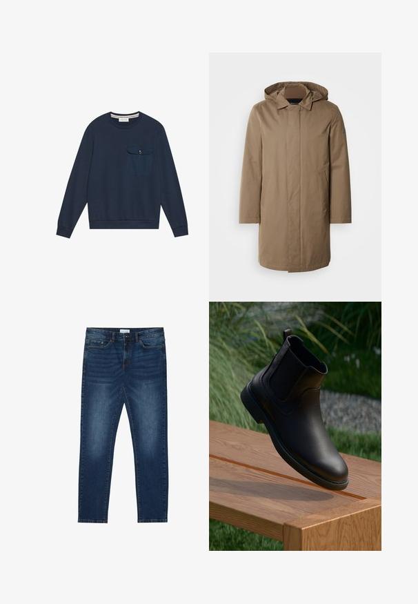 Pikk, kapuutsiga mantel summutatud pruuni toonis. Valmistatud siledast kangast, küljetaskute ja sirge lõikega disainiga. Minimalistlik stiil, ilma nähtavate mustriteta.; Tumedate sinine dressipluus pehmest, tekstuuriga kangast. Omab ribaga ümarat kaelust, pikki varrukaid ning rinda taskut, millel on nööbiga sulgemine.; Tumedat sinised kitsad teksad, millel on pleekinud detailid, klassikaline viie taskuga disain, nuppe sulgemine ja vöörihmad.; Must nahast pahkluu saabas elastsete külgpaneelidega, ümarate varvaste ja tekstuurse kummist tallaga, hõljub puidust laua kohal.