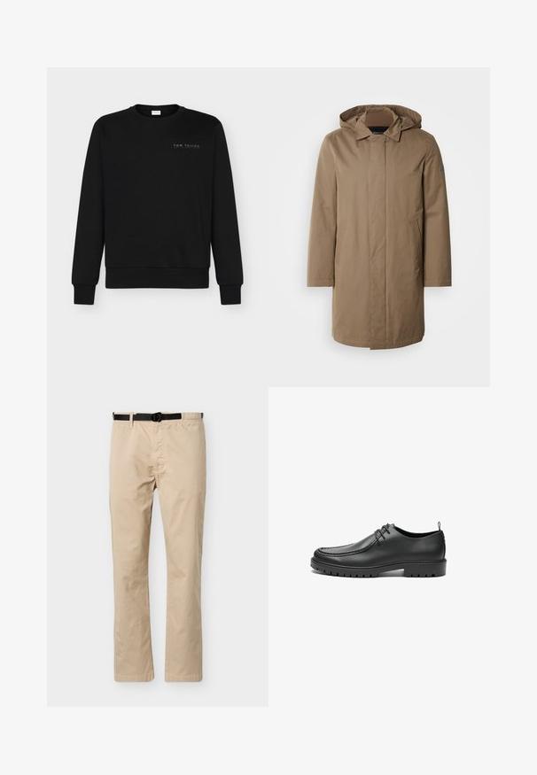 Manteau long à capuche de couleur marron douce. Fabriqué en tissu lisse avec des poches latérales et une coupe droite. Style minimaliste, sans motifs visibles.; Sweat-shirt noir en mélange de coton, avec des manches longues, un col rond, des poignets élastiques et un petit logo embossé sur la poitrine.; Pantalon beige à jambes droites avec ceinture noire ajustable, taille élastique d'un côté et couture décorative à l'avant.; Chaussures en cuir noir avec une finition lisse, bout arrondi et coutures décoratives. Elles possèdent une semelle en caoutchouc avec des rainures de traction et un laçage.
