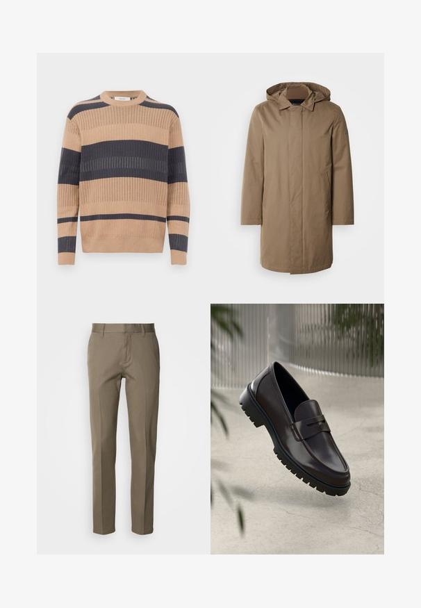 Langer Kapuzenmantel in einem gedämpften Braunton. Hergestellt aus glattem Stoff mit seitlichen Taschen und einem geraden Schnitt. Minimalistischer Stil, keine sichtbaren Muster.; Langärmliger Rippstrickpullover mit beigen und dunkelgrauen horizontalen Streifen und einem runden Ausschnitt.; Helle braune Hose aus glattem Stoff, mit geradem Schnitt, Frontreißverschluss und minimalistischen Taschen. Keine sichtbaren Muster oder Akzente.; Braune Leder-Loafers mit einer strukturierten, geriffelten Gummisohle. Sie zeichnen sich durch ein schlankes Design und einen dekorativen Riemen über dem Spann aus.