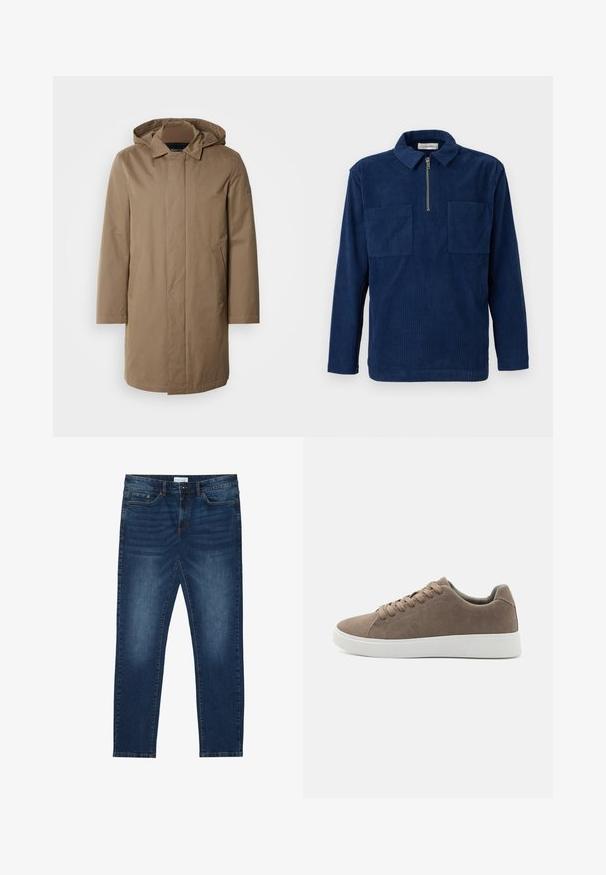 Lange, gewatteerde jas in een gedempte bruine kleur. Gemaakt van gladde stof met zijzakken en een recht gesneden ontwerp. Minimalistische stijl, zonder zichtbare patronen.; Donkerblauwe corduroy pullover met lange mouwen, een korte rits aan de voorkant, twee borstzakken en een spreidkraag.; Donkerblauwe slim-fit jeans met vervaagde details, klassiek vijf-pocket ontwerp, knoopsluiting en riemlussen.; Bruine suède sneakers met platte witte rubberen zolen, vetersluiting, ronde neus en een gladde textuur. Minimalistische stijl met subtiele stikdetails.