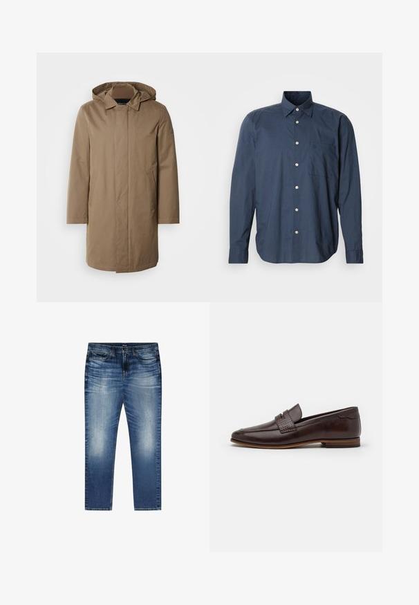 Lange, gewatteerde jas in een gedempte bruine kleur. Gemaakt van gladde stof met zijzakken en een recht gesneden ontwerp. Minimalistische stijl, zonder zichtbare patronen.; Marineblauw overhemd met lange mouwen, klein ruitpatroon, enkele borstzak en witte knopen op een effen achtergrond.; Blauwe vervaagde denim jeans met voorzakken, riemlussen en een knoopsluiting, plat gelegd op een witte achtergrond.; Bruine leren loafers met een geweven accent over de bovenkant, een soepele afwerking, een lichtpuntige neus en een lage gestapelde hak.
