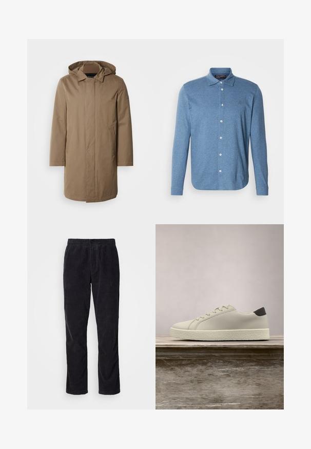 Lang hætteklædt frakke i en afdæmpet brun farve. Fremstillet af glat stof med sidelommer og et lige snit. Minimalistisk stil, ingen synlige mønstre.; Blå langærmet polo lavet af struktureret stof med knaplukning foran og lille logo på brystet.; Sorte fløjl bukser med lige ben, elastisk talje og subtil vertikal ribbetekstur. Ingen synlige metaldele.; Hvid sneaker med tekstureret sål og sort hældetalje, svævende over en træbænk med højt grønt græs i baggrunden.