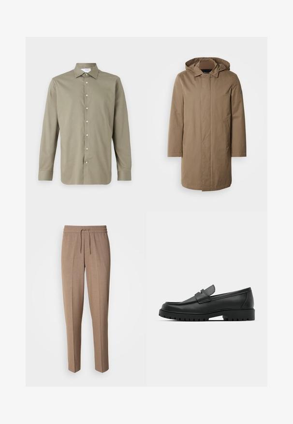 Pikk, kapuutsiga mantel summutatud pruuni toonis. Valmistatud siledast kangast, küljetaskute ja sirge lõikega disainiga. Minimalistlik stiil, ilma nähtavate mustriteta.; Olive rohelise värvi pikkade varrukatega särk. Nööpide eesmine osa heledate nööpidega. Pehme tekstuur ja kohandatud sobivus klassikalise kraega.; Pruunist, kudumisest valmistatud püksid, millel on mugav lõige, nöörivöö ja eesmine voltimine. Sirged jalad, ilma nähtavate taskute või metalldetailideta.; Mustad musta nahast loafers, millel on ümar varvas, tikandiga disain, madal platvorm-soon ja tekstureeritud, soonikkummist välistald.