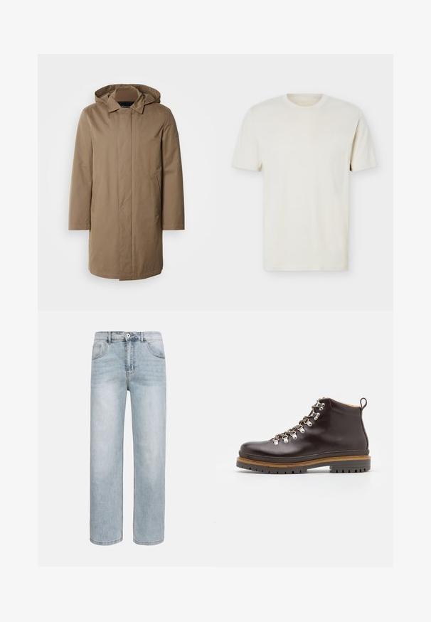 Langer Kapuzenmantel in einem gedämpften Braunton. Hergestellt aus glattem Stoff mit seitlichen Taschen und einem geraden Schnitt. Minimalistischer Stil, keine sichtbaren Muster.; Schlichtes, cremefarbenes T-Shirt mit kurzen Ärmeln und Rundhalsausschnitt, mit dezentem Logo auf der linken Brust, auf weißem Hintergrund liegend präsentiert.; Hellblaue Jeans mit geradem Bein, Vordertaschen, Knopfverschluss und dezentem Verblassen an Oberschenkeln und Knien.; Zign by Zalando LEATHER - Schnürstiefelette - brown