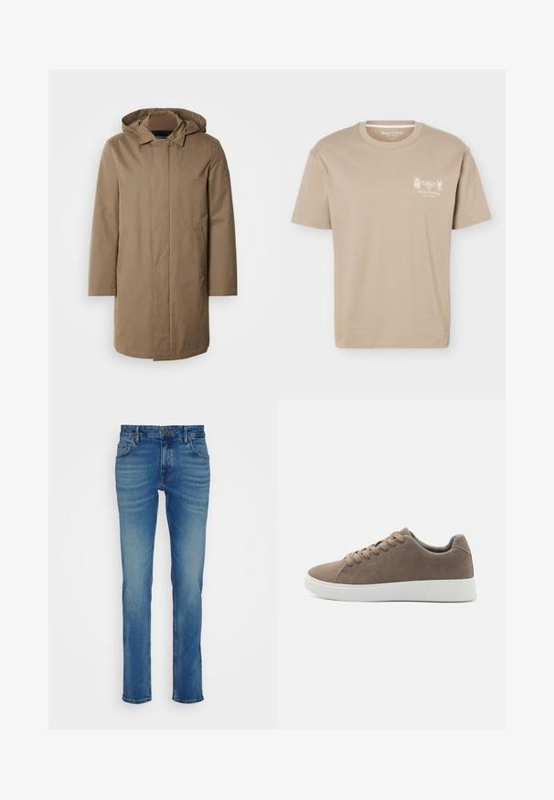 Langer Kapuzenmantel in einem gedämpften Braunton. Hergestellt aus glattem Stoff mit seitlichen Taschen und einem geraden Schnitt. Minimalistischer Stil, keine sichtbaren Muster.; Beiges T-Shirt mit kurzen Ärmeln und rundem Ausschnitt, mit kleinen Insektengrafiken und „Marc O'Polo“-Logo auf der linken Brust.; Blaue Denim-Jeans mit geradem Bein, fünf Taschen und einem Knopfverschluss an der Taille, mit leichtem Verblassen und Whisker-Effekten.; Braune Wildledersneaker mit flachen weißen Gummisohlen, Schnürdesign, abgerundete Zehen und einer glatten Textur. Minimalistischer Stil mit dezenten Nähdetails.