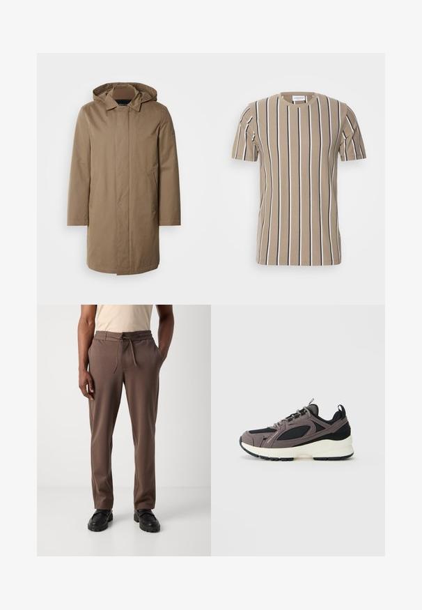 Lang hætteklædt frakke i en afdæmpet brun farve. Fremstillet af glat stof med sidelommer og et lige snit. Minimalistisk stil, ingen synlige mønstre.; Beige bomulds t-shirt med horisontale striber i mørkebrun og hvid, rund hals og korte ærmer. Blød tekstur og afslappet design.; Mand iført brune snørebukser og sorte sko, stående mod en ensfarvet hvid baggrund.; Grå og sort sneaker med hvid sål, mesh- og læderpaneler, snørebånd og trækflapper, fotograferet på en ensfarvet lys baggrund.